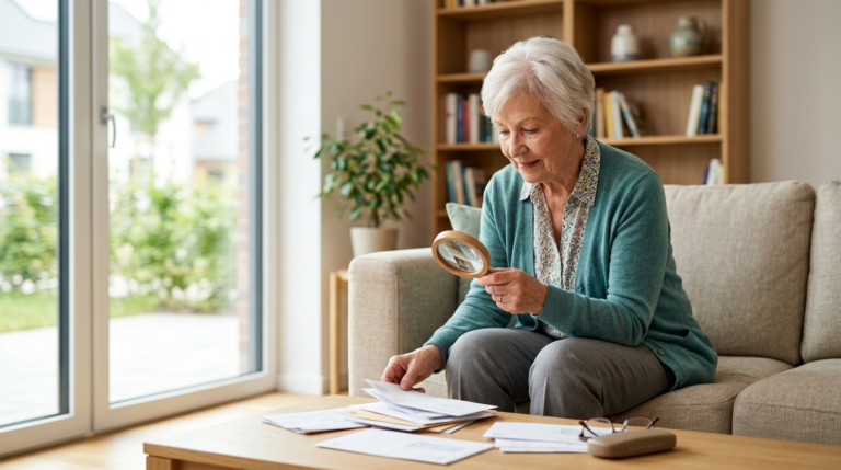 Une personne âgée consultant ses documents administratifs en maison de retraite