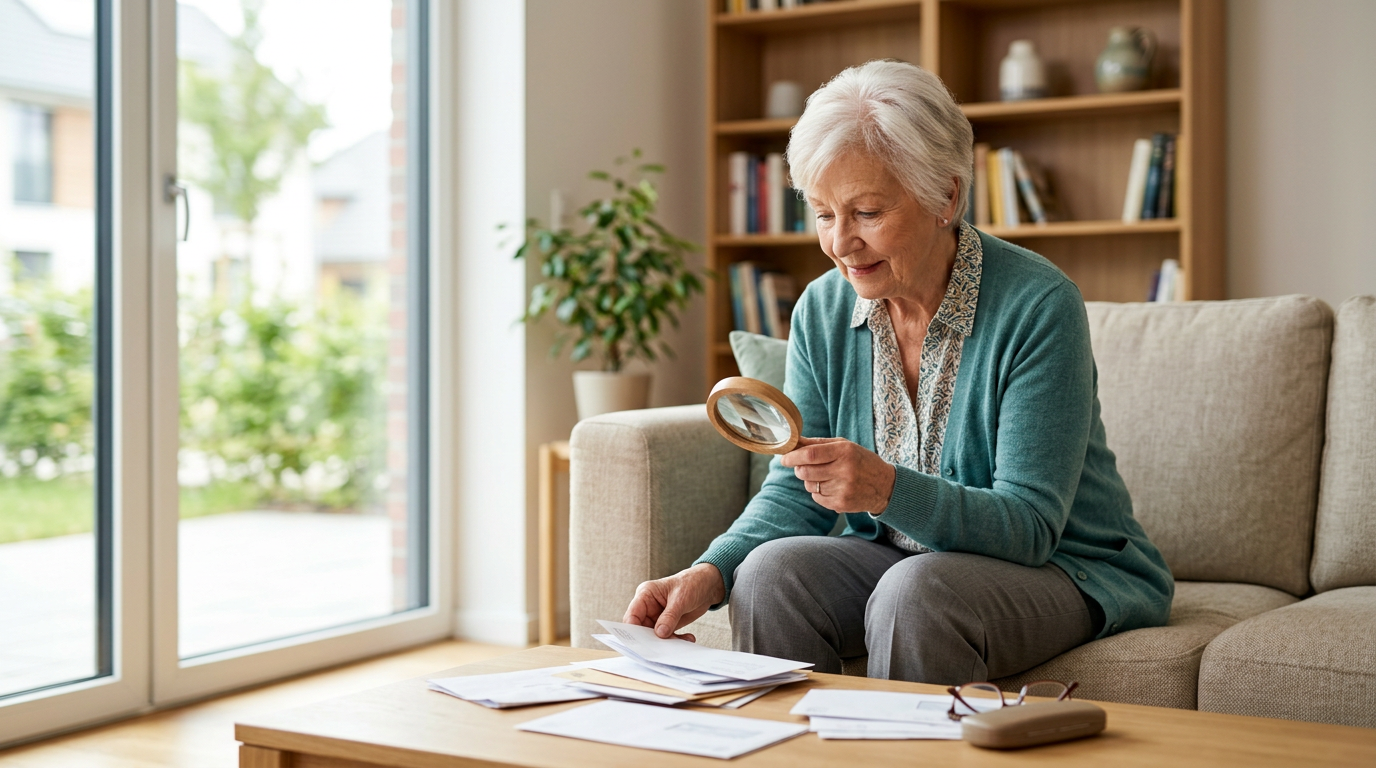 Une personne âgée consultant ses documents administratifs en maison de retraite