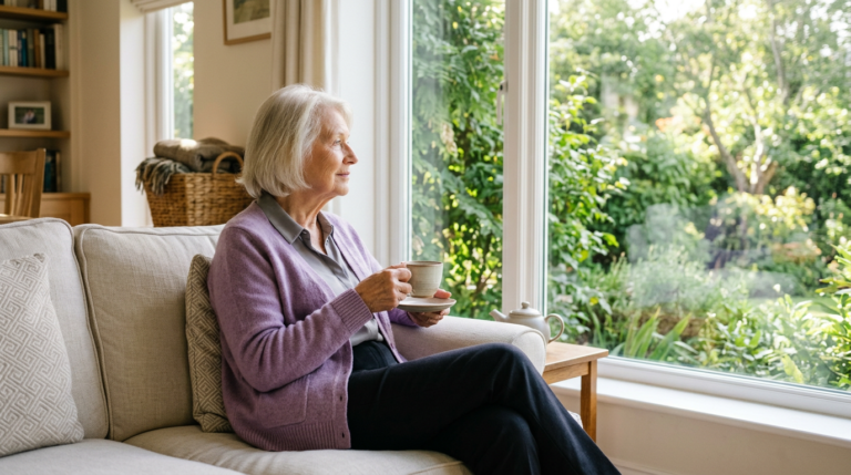 Une résidente sereine profitant du confort de son nouveau lieu de vie