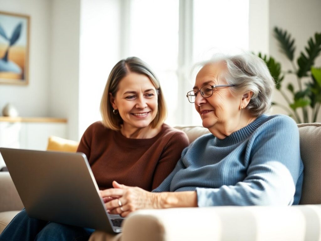 Une fille adulte et sa mère âgée consultent ensemble une simulation de reste à charge EHPAD sur un ordinateur portable, dans un salon chaleureux