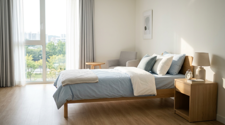 Exemple de chambre moderne en EHPAD avec un aménagement ergonomique