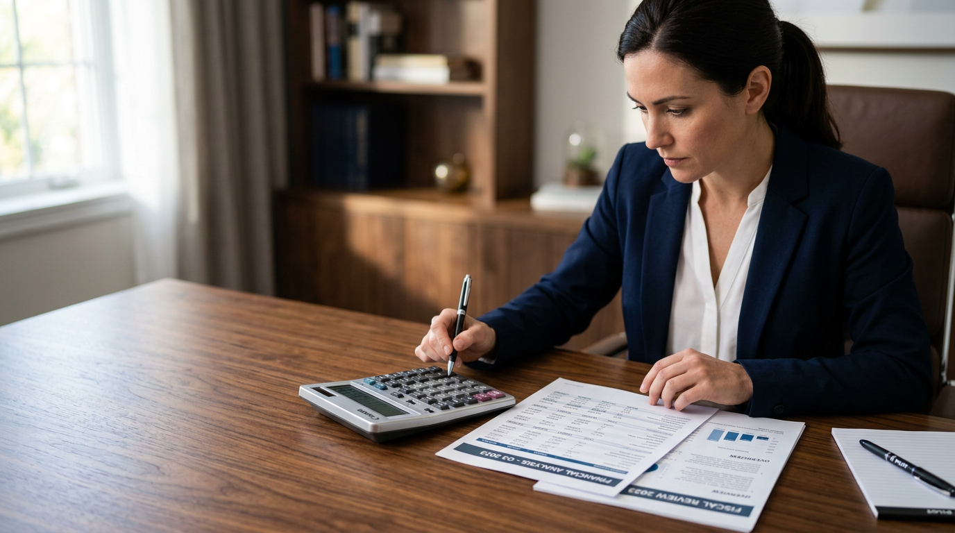 Businesswoman in a navy blazer sits at a wooden desk, using a calculator and reviewing financial documents with a pen in hand.