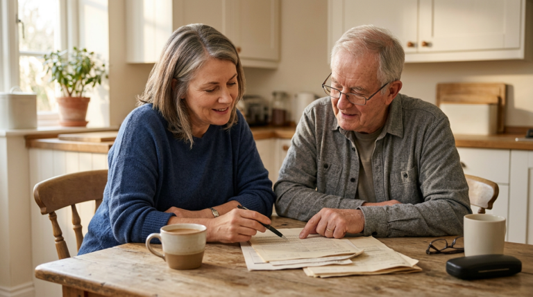 Older couple at a kitchen table, reviewing documents together with a pen in hand and a coffee mug nearby.