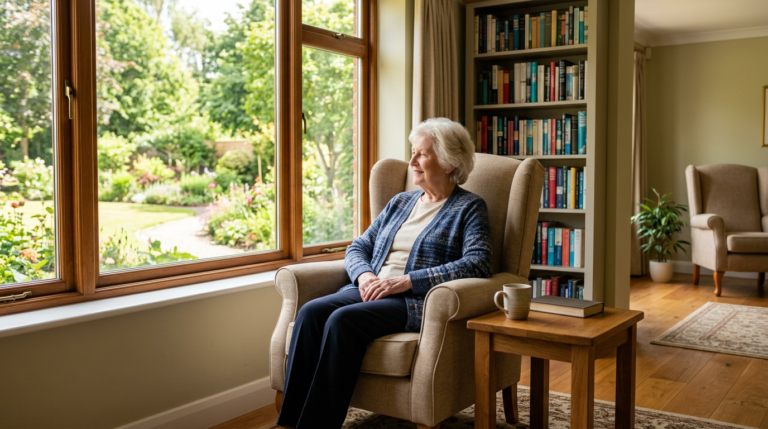 Elderly woman sits in a beige armchair by a large window, garden view outside; a wooden side table holds a mug and a book nearby.