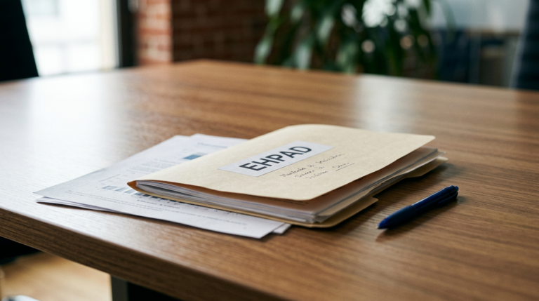 Stack of papers with a tan folder labeled “EXPAD” on a wooden desk, a blue pen resting to the right.