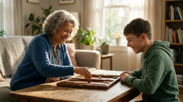 Grandmother and grandson smiling while playing backgammon at a wooden coffee table in a sunlit living room.