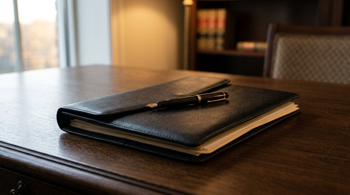 Dossier juridique avec stylo plume sur un bureau symbolisant l